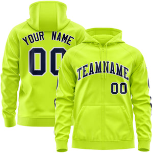 Custom Stitched Neon Green Navy Sports Full-Zip Sweatshirt Hoodie with Flame