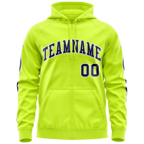 Custom Stitched Neon Green Navy Sports Full-Zip Sweatshirt Hoodie with Flame