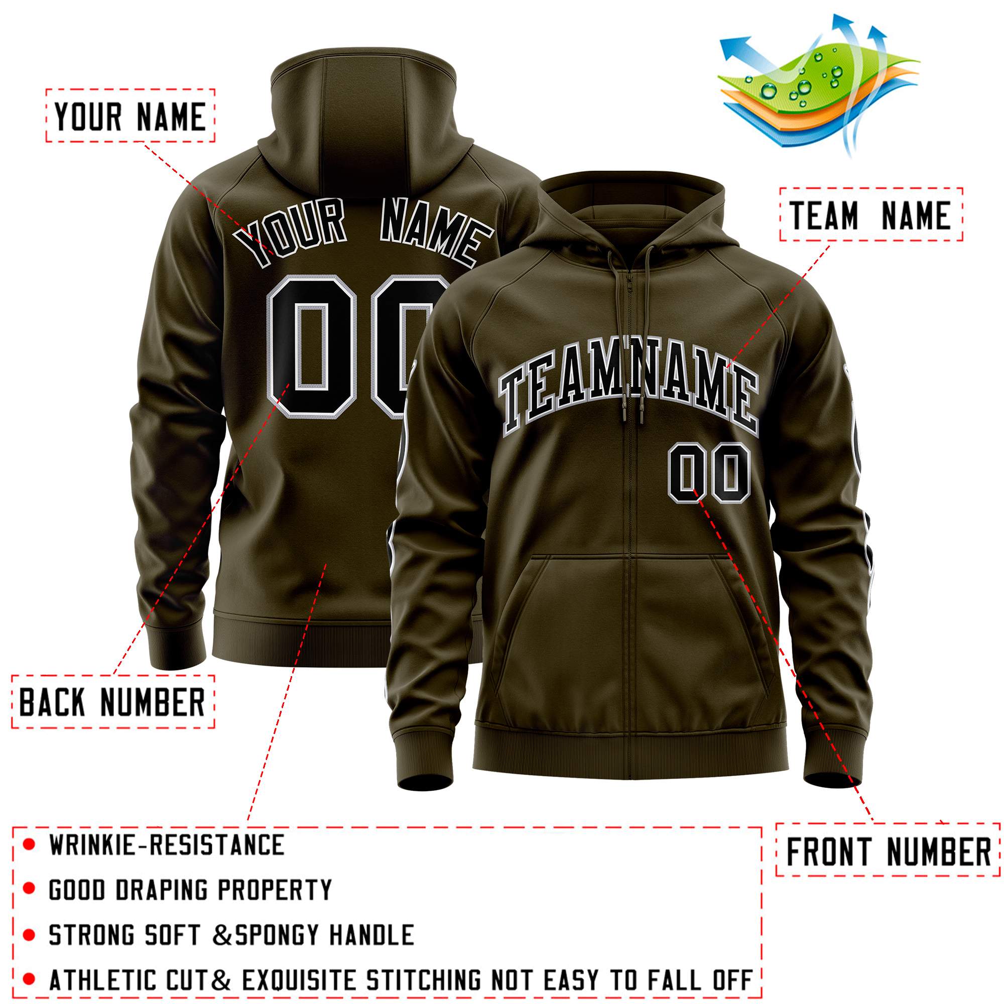 Custom Stitched Olive Black Sports Full-Zip Sweatshirt Hoodie with Flame