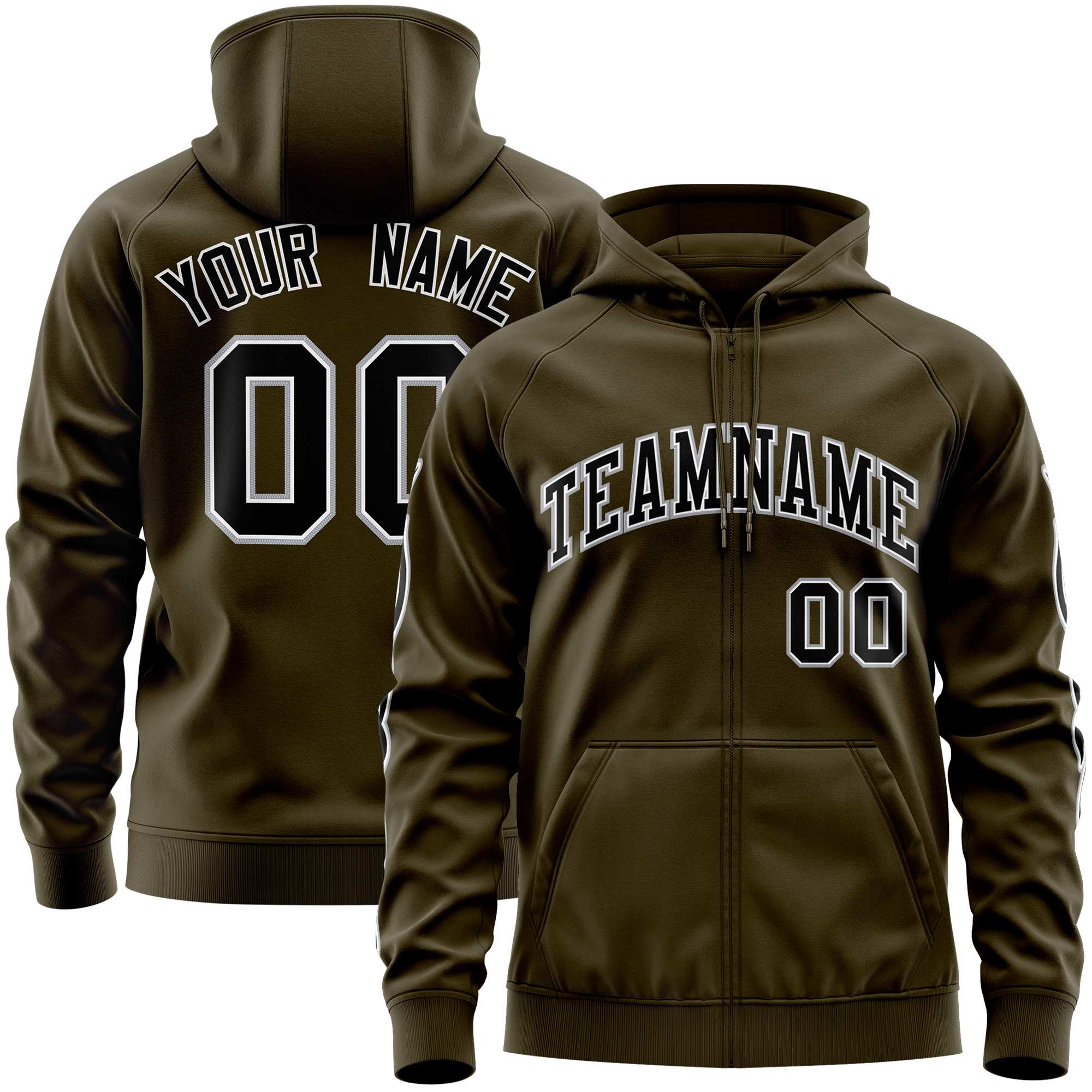 Custom Stitched Olive Black Sports Full-Zip Sweatshirt Hoodie with Flame