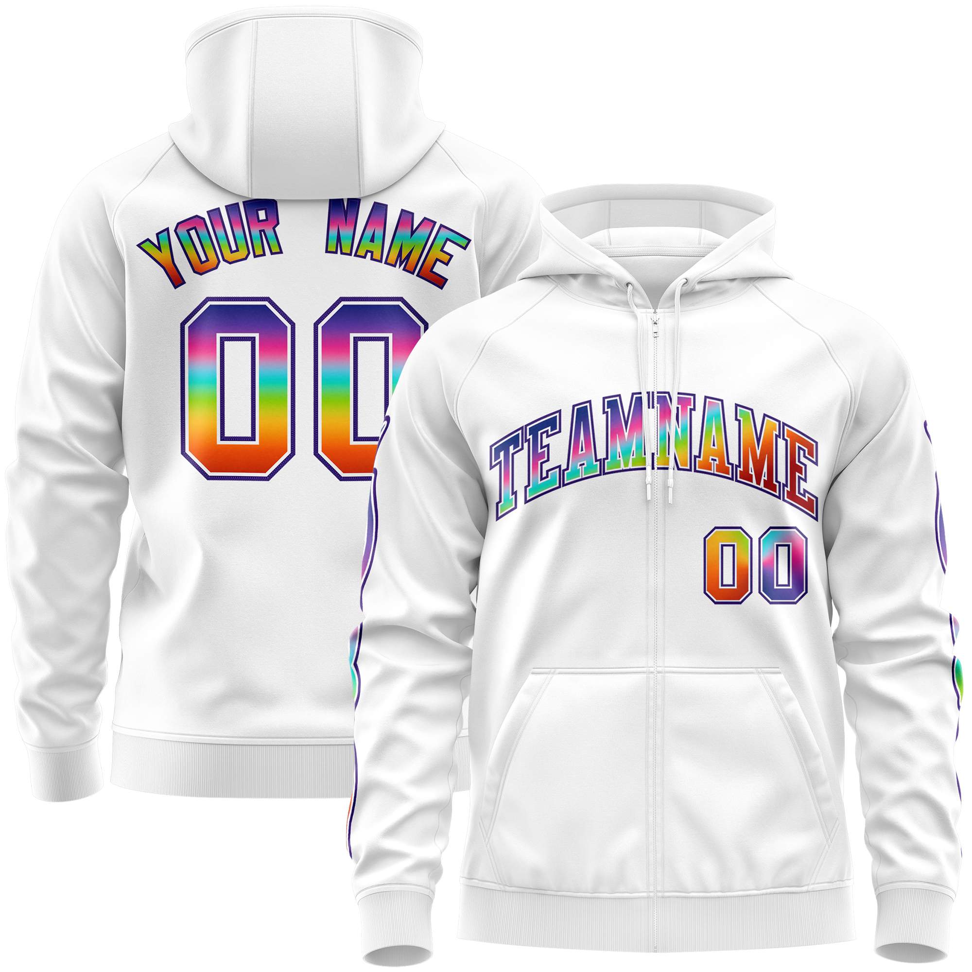 Custom Stitched White Purple Sports Full-Zip Sweatshirt Hoodie with Colored Flames