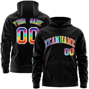 Custom Stitched Black White Sports Full-Zip Sweatshirt Hoodie with Colored Flames