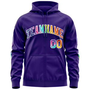 Custom Stitched Purple White Sports Full-Zip Sweatshirt Hoodie with Colored Flames