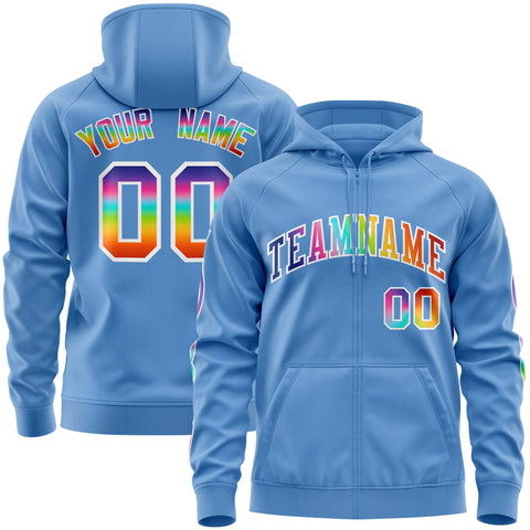 Custom Stitched Light Blue White Sports Full-Zip Sweatshirt Hoodie with Colored Flames