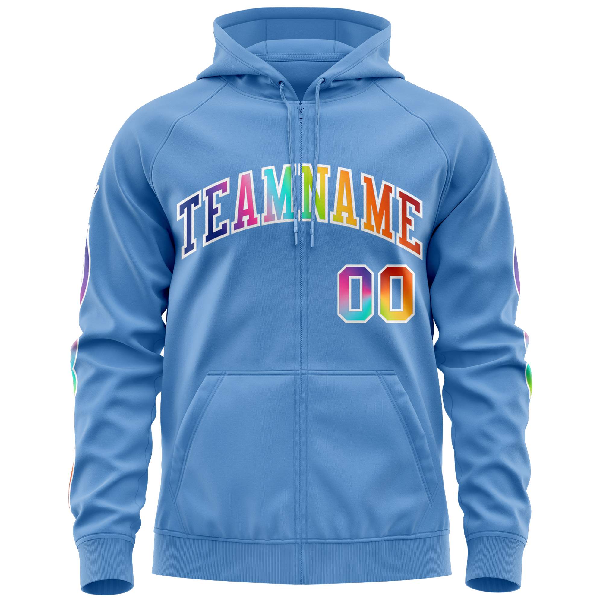 Custom Stitched Light Blue White Sports Full-Zip Sweatshirt Hoodie with Colored Flames