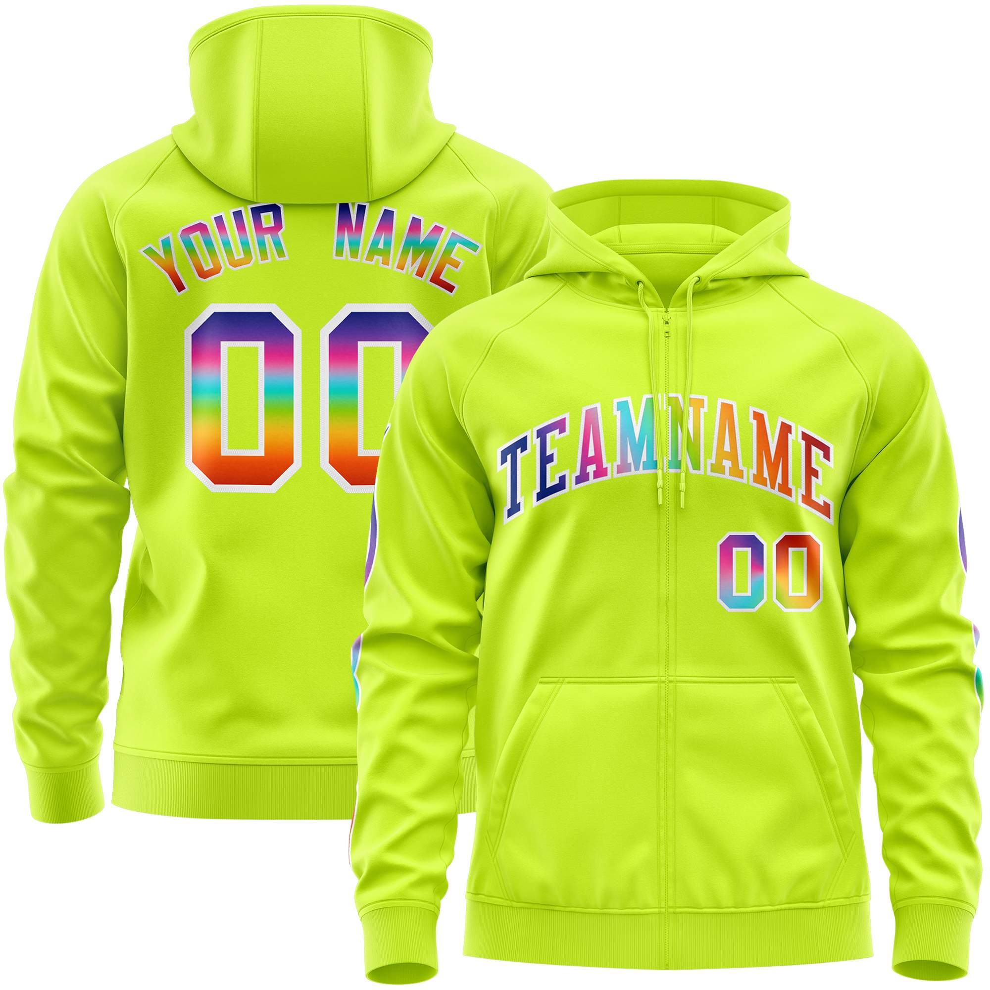 Custom Stitched Neon Green White Sports Full-Zip Sweatshirt Hoodie with Colored Flames