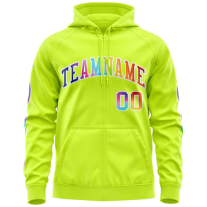 Custom Stitched Neon Green White Sports Full-Zip Sweatshirt Hoodie with Colored Flames