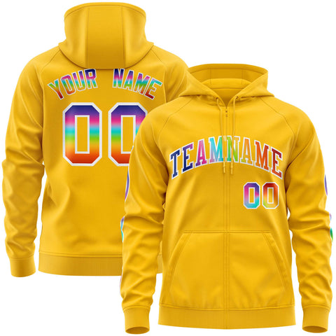 Custom Stitched Gold White Sports Full-Zip Sweatshirt Hoodie with Colored Flames