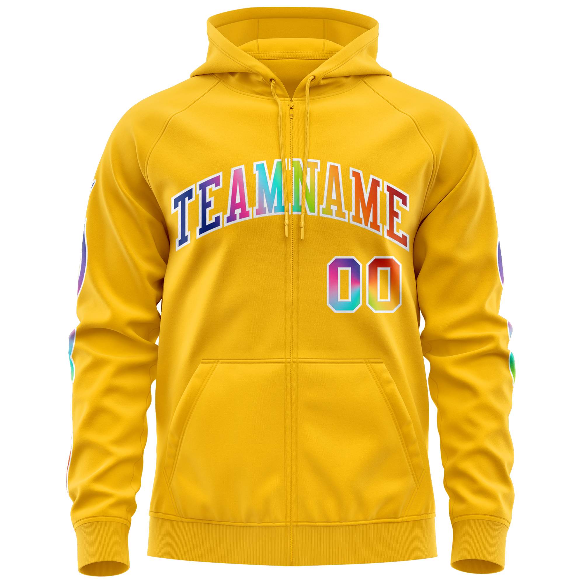 Custom Stitched Gold White Sports Full-Zip Sweatshirt Hoodie with Colored Flames