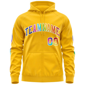 Custom Stitched Gold White Sports Full-Zip Sweatshirt Hoodie with Colored Flames