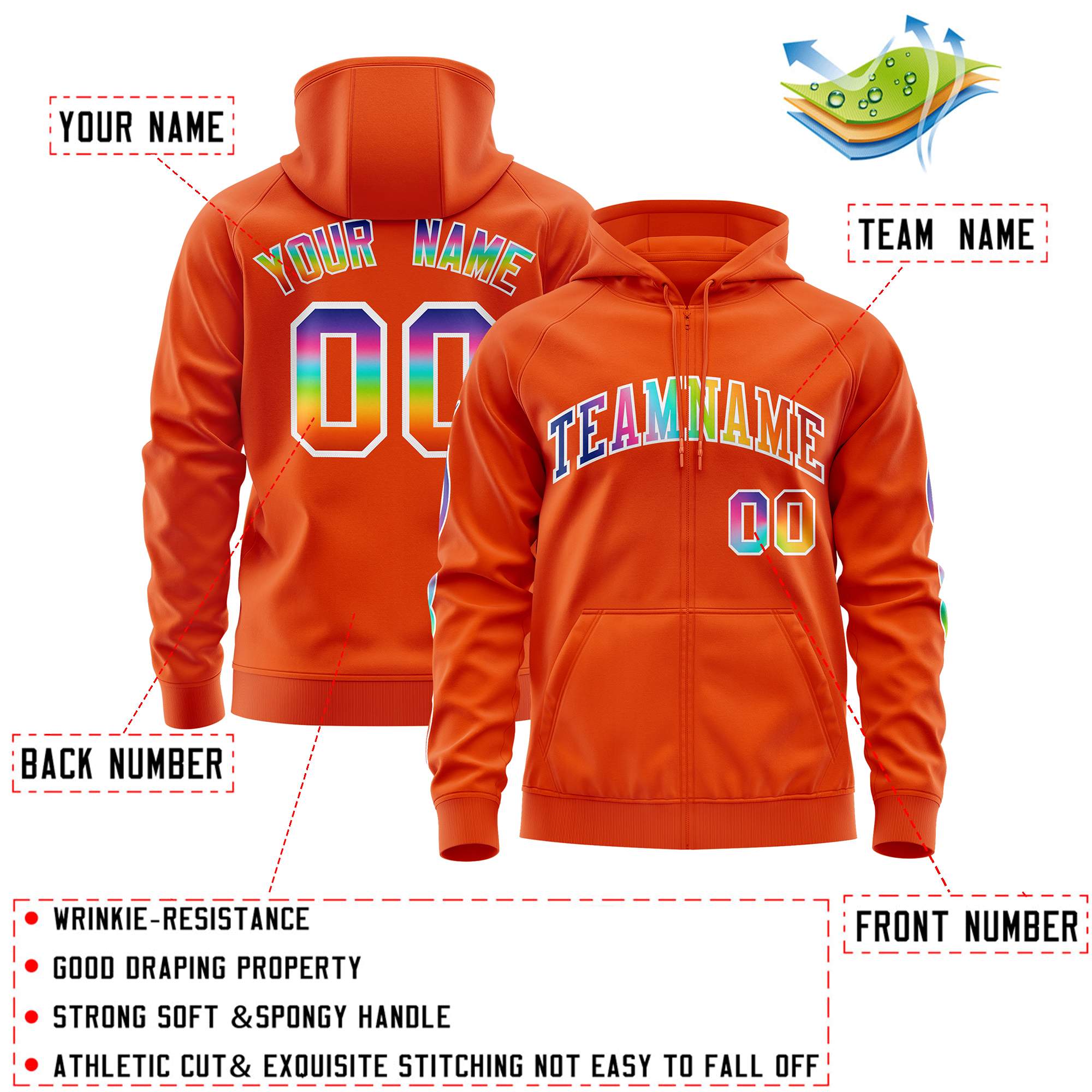 Custom Stitched Orange White Sports Full-Zip Sweatshirt Hoodie with Colored Flames