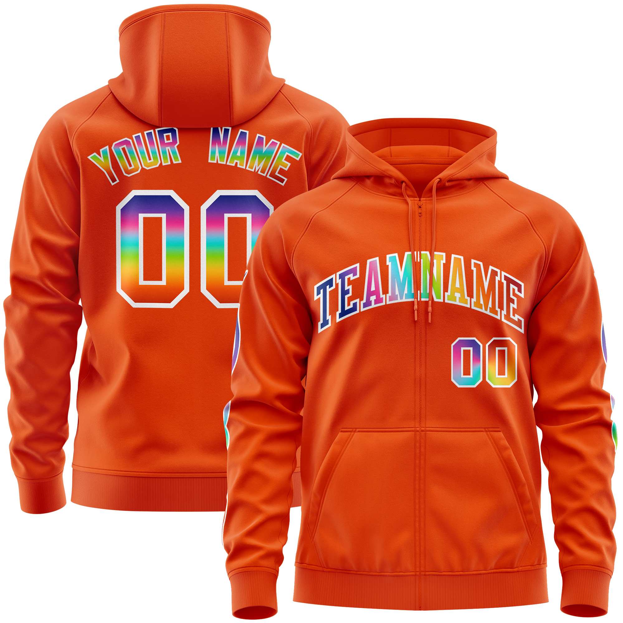 Custom Stitched Orange White Sports Full-Zip Sweatshirt Hoodie with Colored Flames