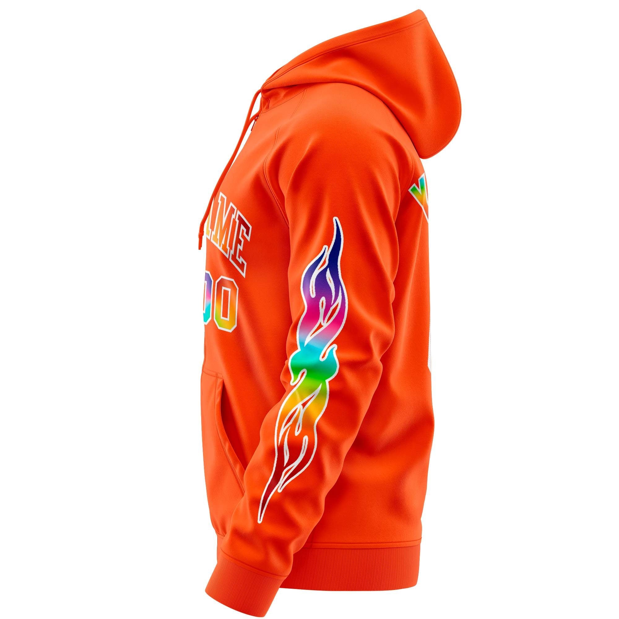 Custom Stitched Orange White Sports Full-Zip Sweatshirt Hoodie with Colored Flames