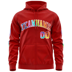 Custom Stitched Red White Sports Full-Zip Sweatshirt Hoodie with Colored Flames