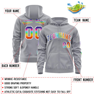 Custom Stitched Gray White Sports Full-Zip Sweatshirt Hoodie with Colored Flames