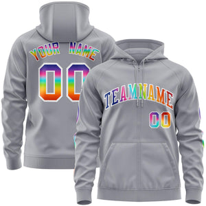 Custom Stitched Gray White Sports Full-Zip Sweatshirt Hoodie with Colored Flames