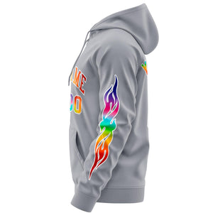 Custom Stitched Gray White Sports Full-Zip Sweatshirt Hoodie with Colored Flames