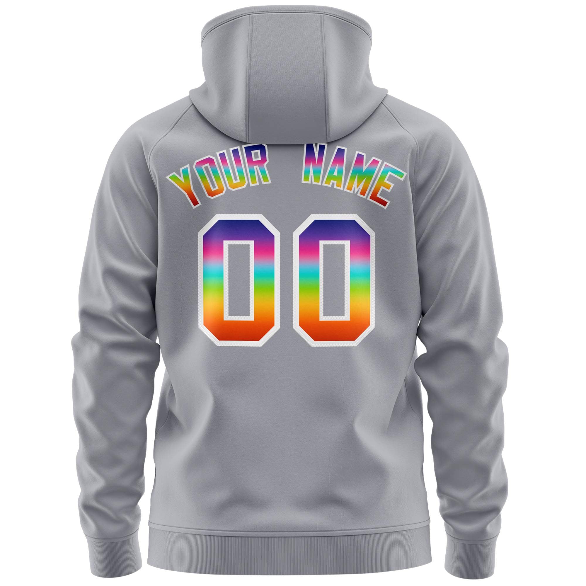 Custom Stitched Gray White Sports Full-Zip Sweatshirt Hoodie with Colored Flames