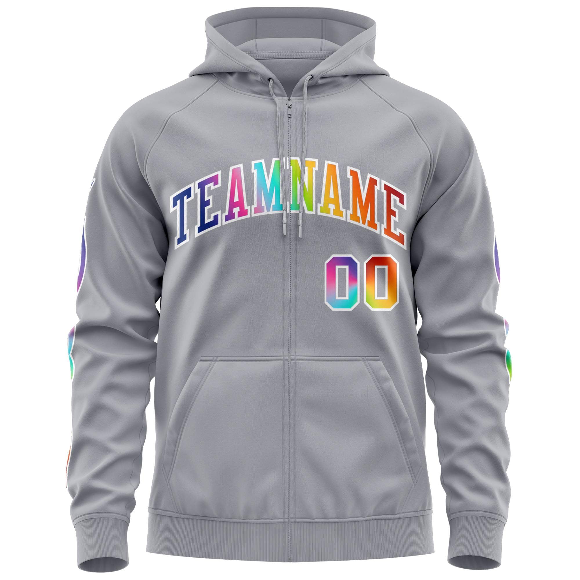 Custom Stitched Gray White Sports Full-Zip Sweatshirt Hoodie with Colored Flames