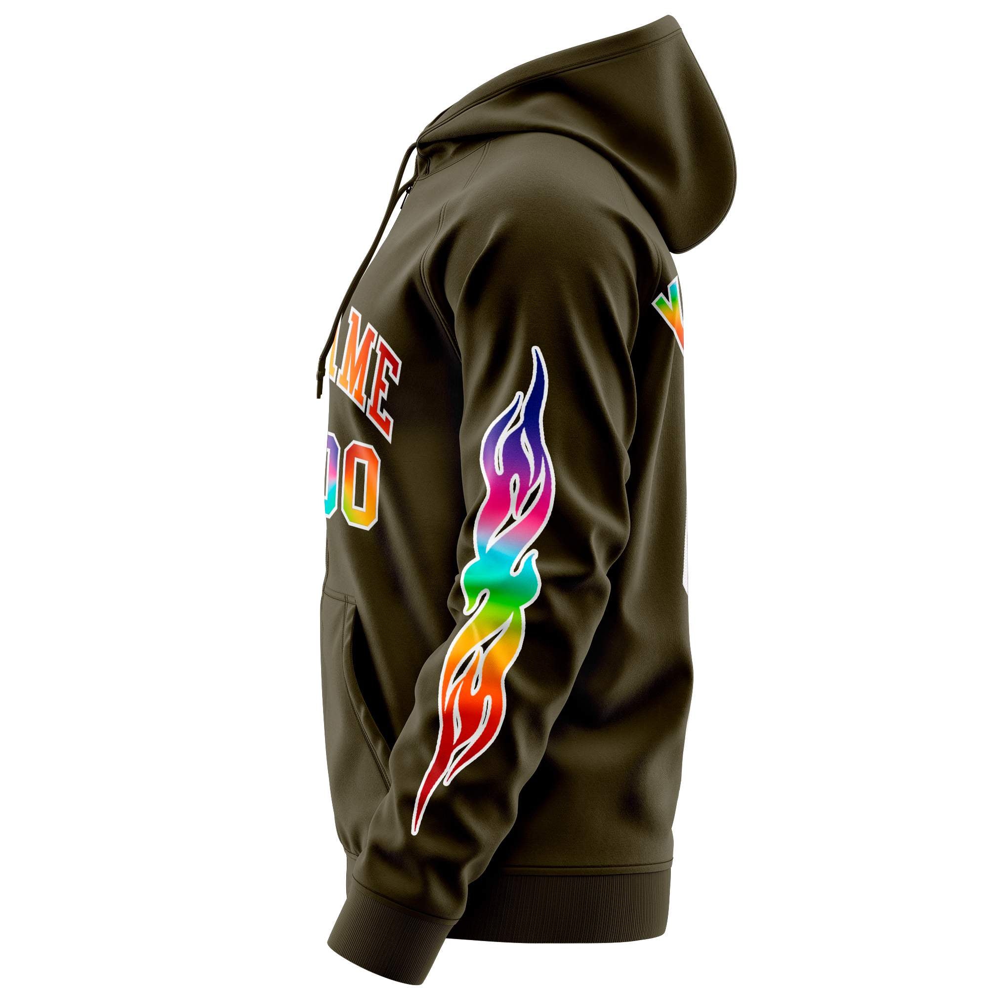 Custom Stitched Olive White Sports Full-Zip Sweatshirt Hoodie with Colored Flames