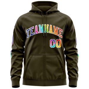 Custom Stitched Olive White Sports Full-Zip Sweatshirt Hoodie with Colored Flames