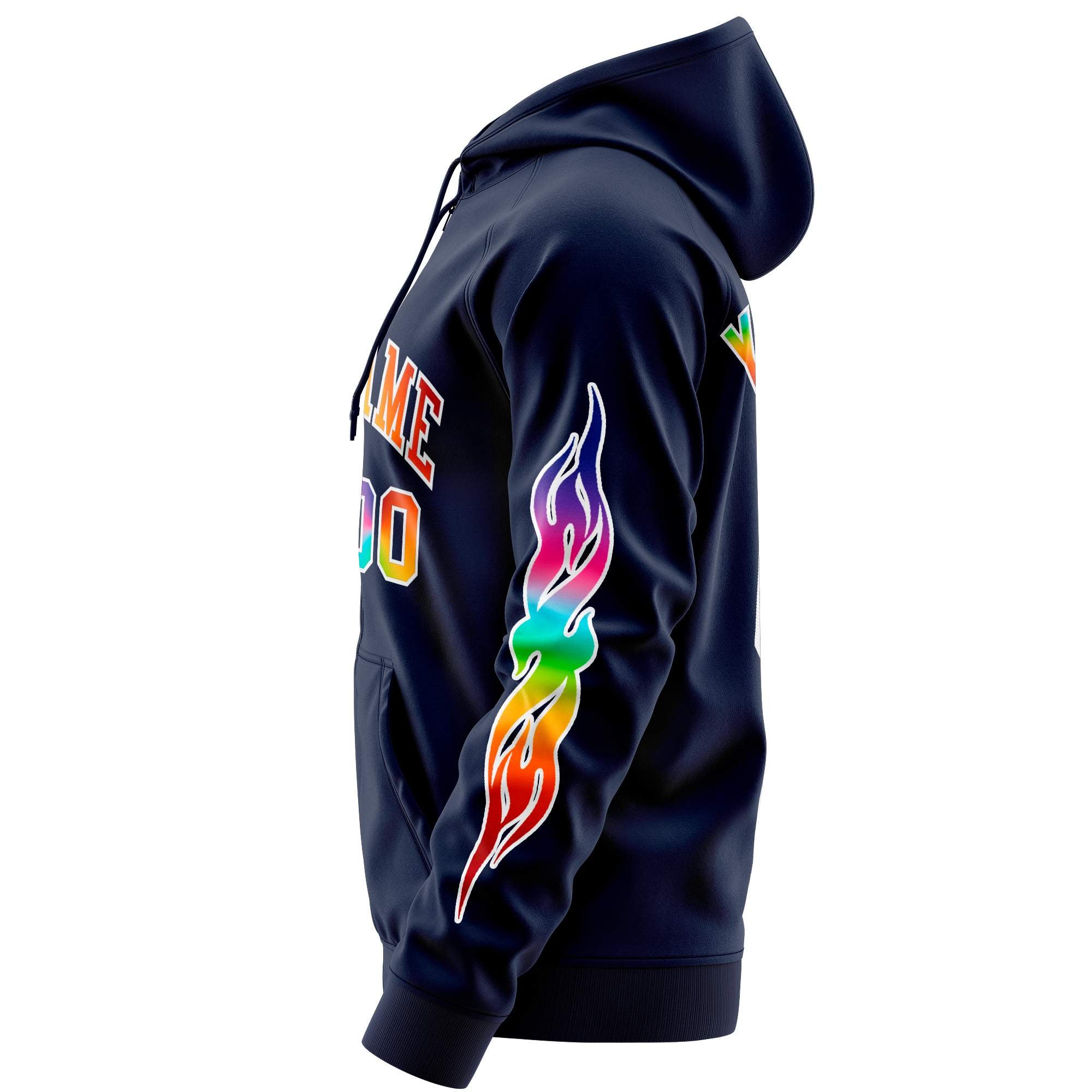 Custom Stitched Navy White Sports Full-Zip Sweatshirt Hoodie with Colored Flames