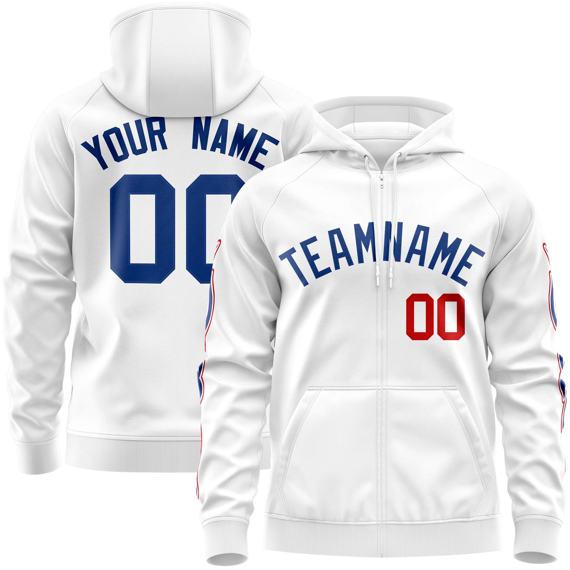 Custom Stitched White Royal Sports Full-Zip Sweatshirt Hoodie with Flame