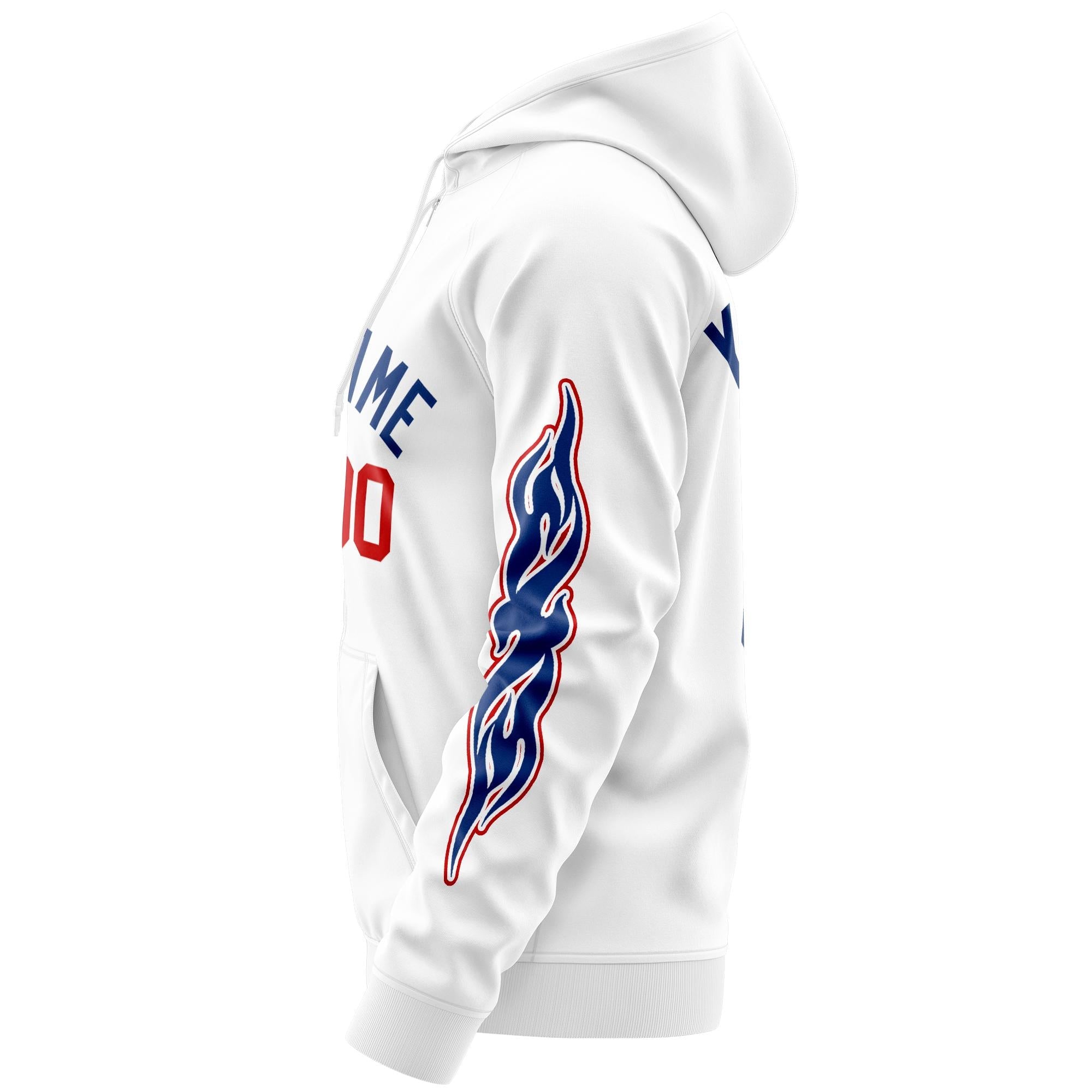 Custom Stitched White Royal Sports Full-Zip Sweatshirt Hoodie with Flame