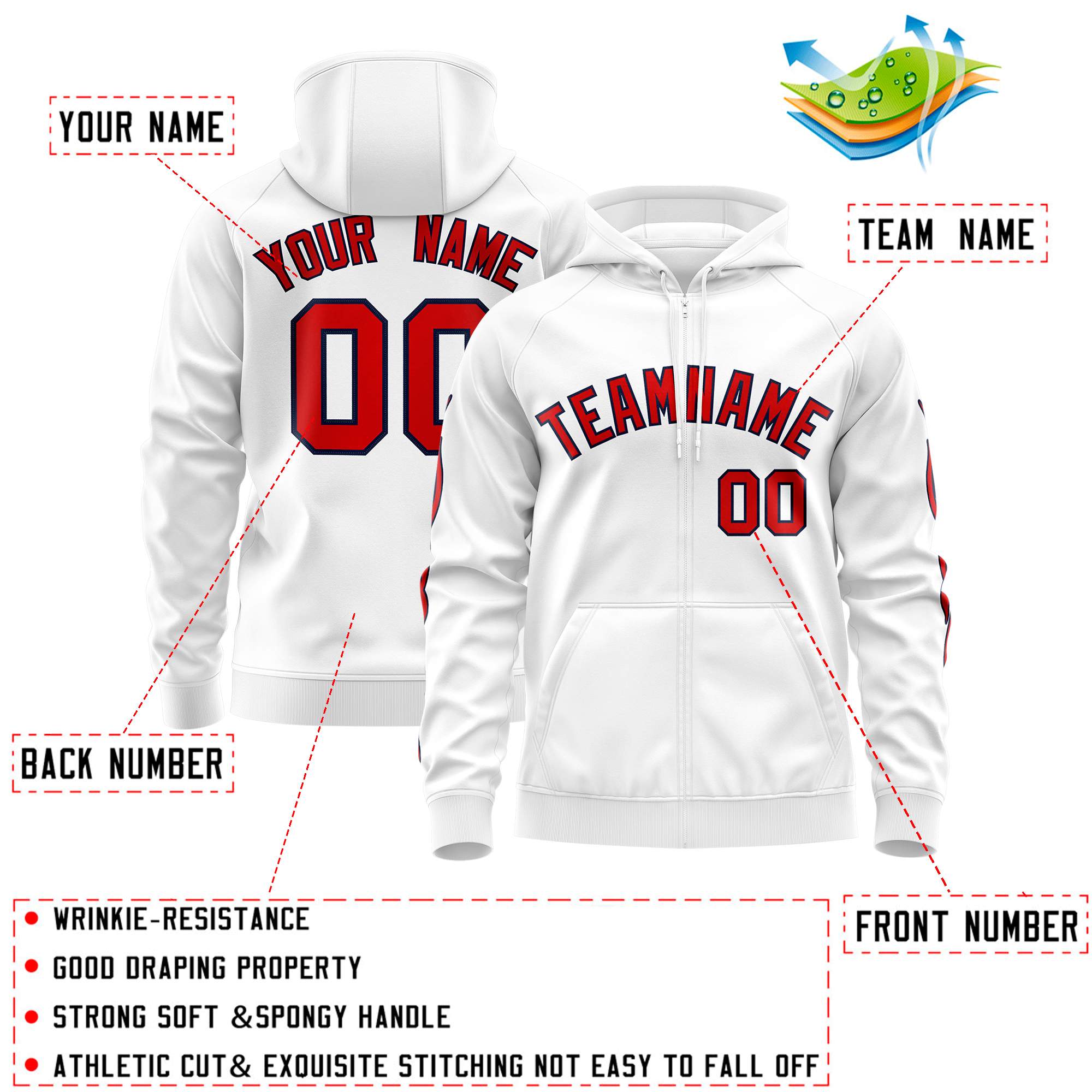 Custom Stitched White Red Sports Full-Zip Sweatshirt Hoodie with Flame