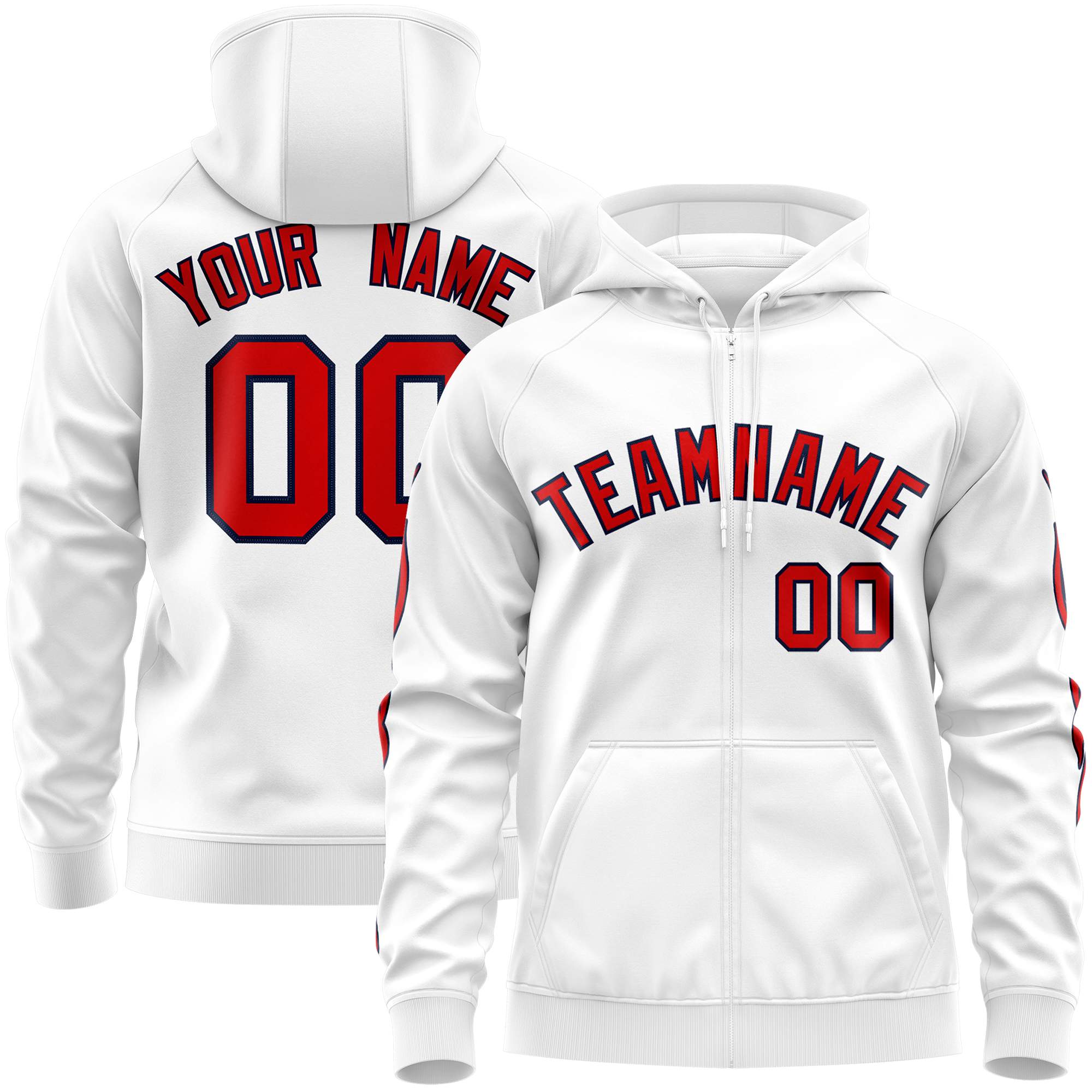 Custom Stitched White Red Sports Full-Zip Sweatshirt Hoodie with Flame