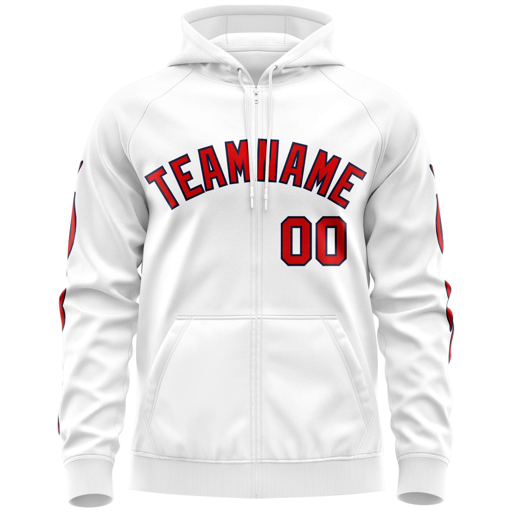 Custom Stitched White Red Sports Full-Zip Sweatshirt Hoodie with Flame