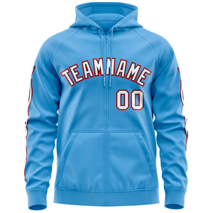 Custom Stitched Light Blue White Sports Full-Zip Sweatshirt Hoodie with Flame