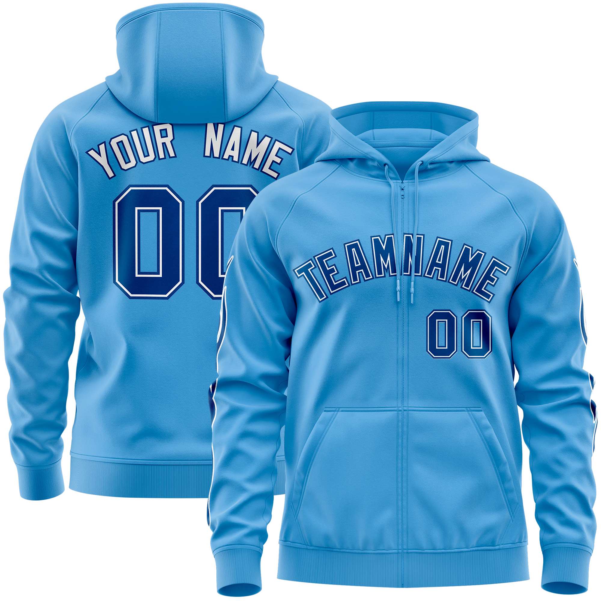 Custom Stitched Light Blue Royal Sports Full-Zip Sweatshirt Hoodie with Flame