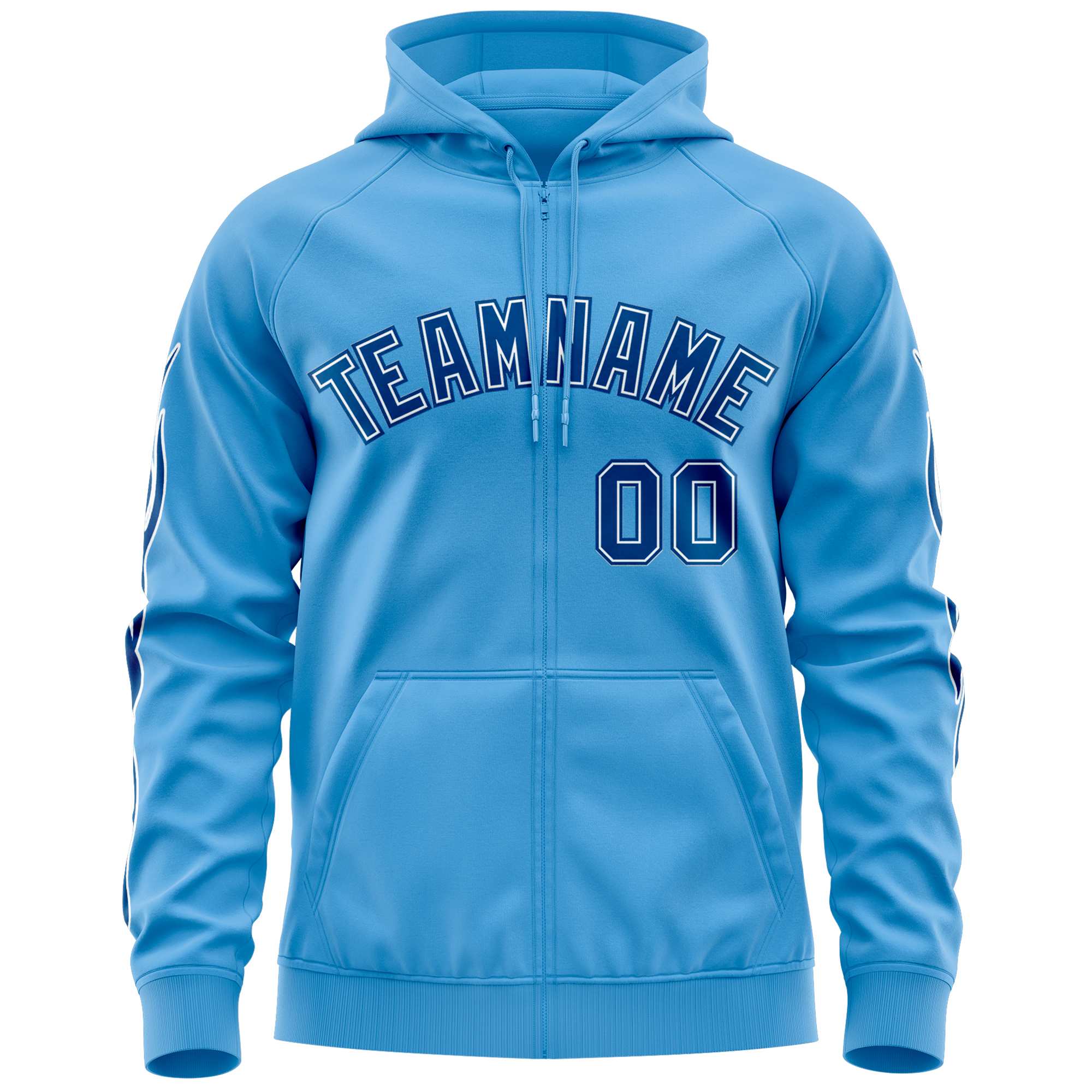 Custom Stitched Light Blue Royal Sports Full-Zip Sweatshirt Hoodie with Flame