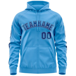 Custom Stitched Light Blue Royal Sports Full-Zip Sweatshirt Hoodie with Flame