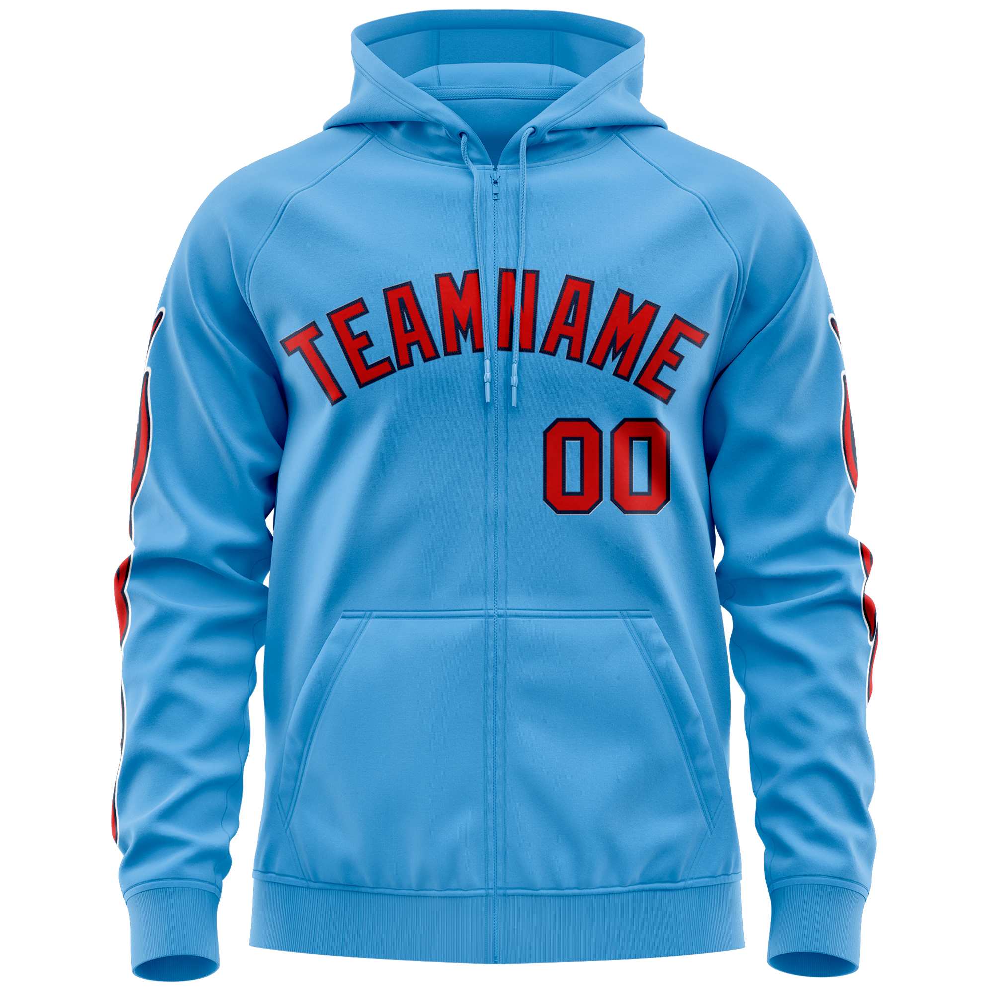 Custom Stitched Light Blue Red Sports Full-Zip Sweatshirt Hoodie with Flame