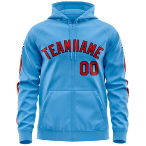 Custom Stitched Light Blue Red Sports Full-Zip Sweatshirt Hoodie with Flame