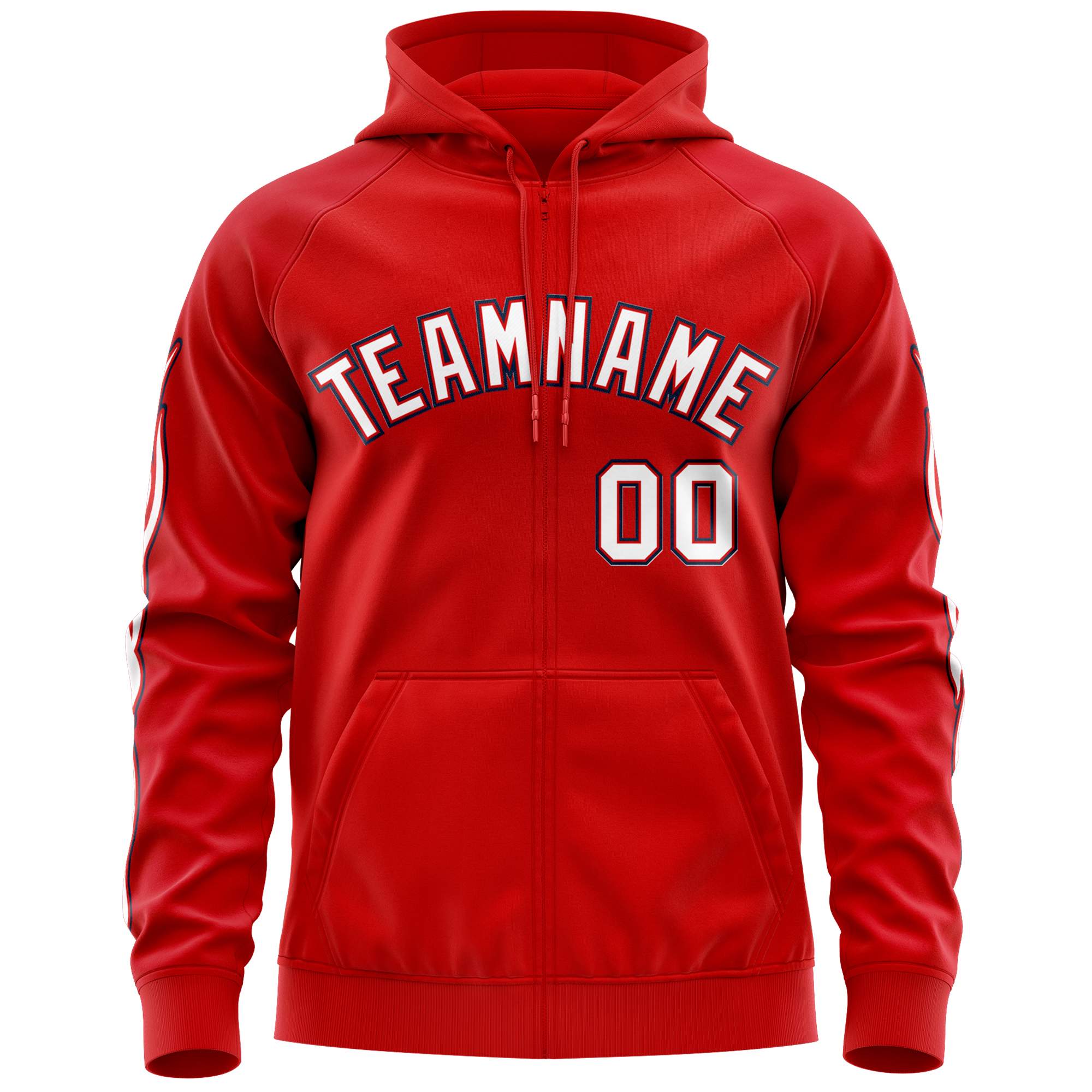 Custom Stitched Red White Sports Full-Zip Sweatshirt Hoodie with Flame