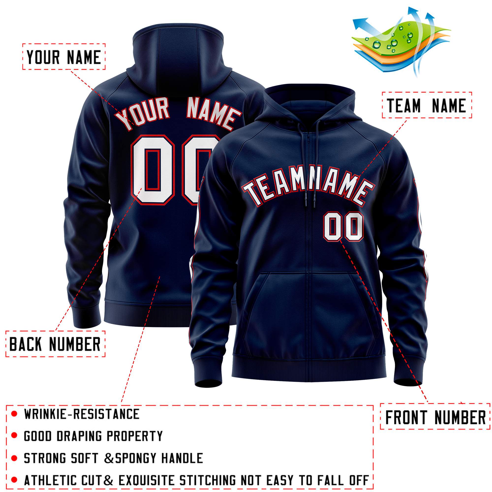 Custom Stitched Navy White Sports Full-Zip Sweatshirt Hoodie with Flame