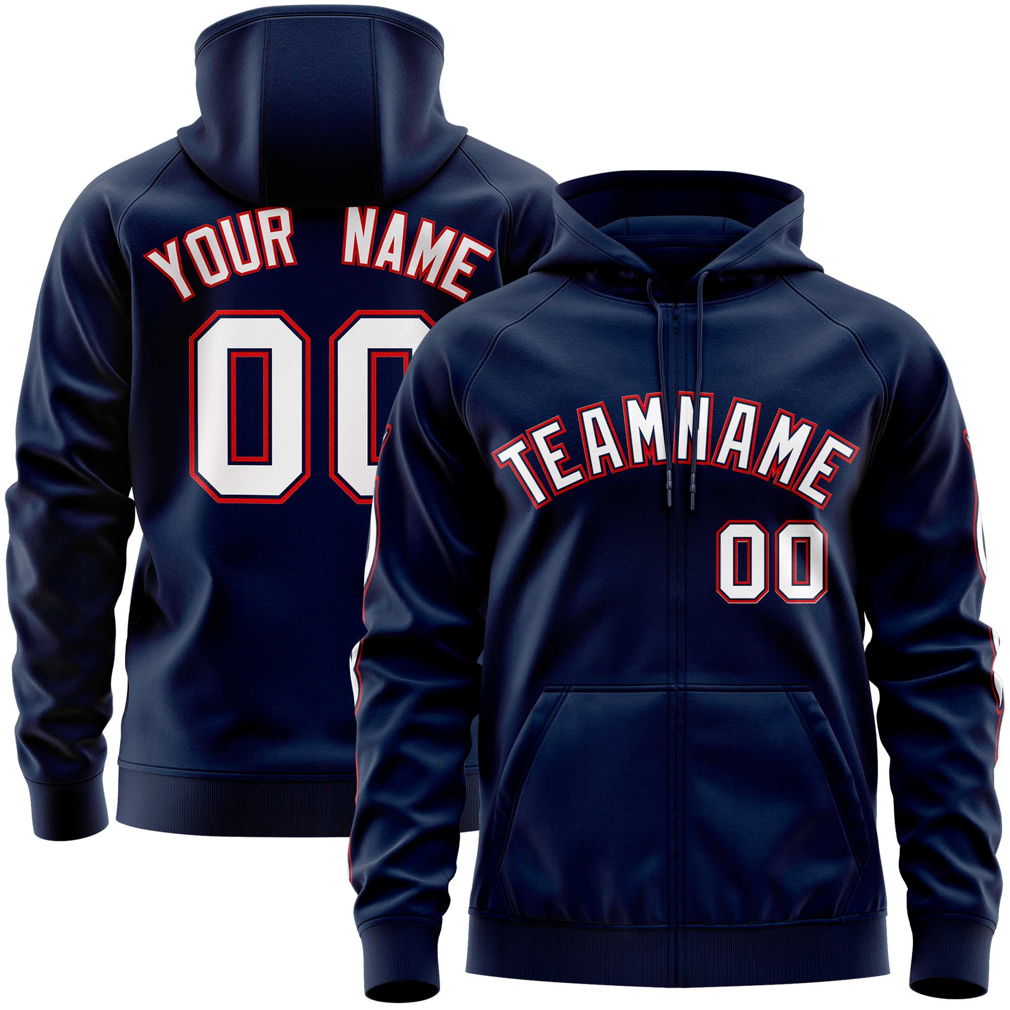 Custom Stitched Navy White Sports Full-Zip Sweatshirt Hoodie with Flame