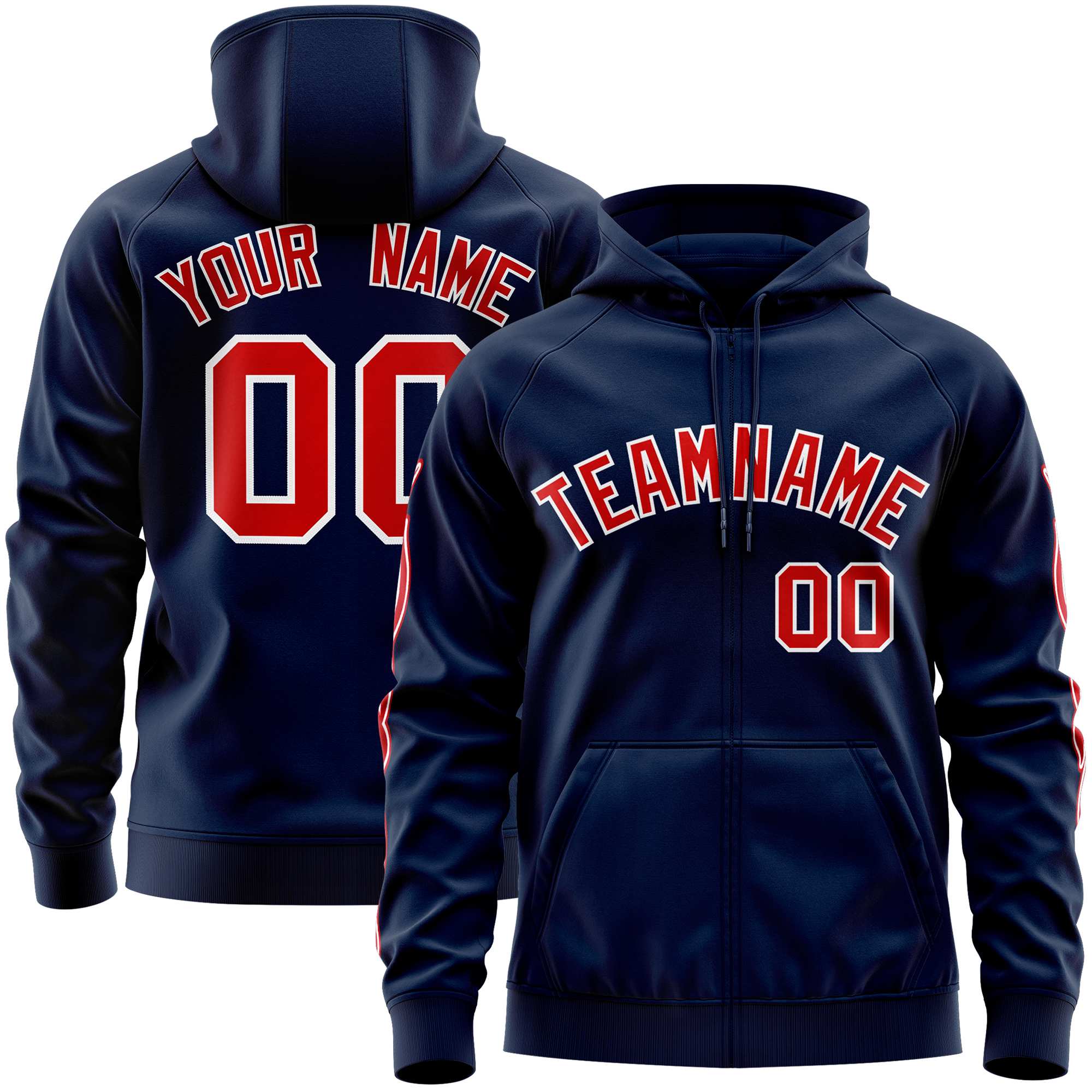 Custom Stitched Navy Red Sports Full-Zip Sweatshirt Hoodie with Flame