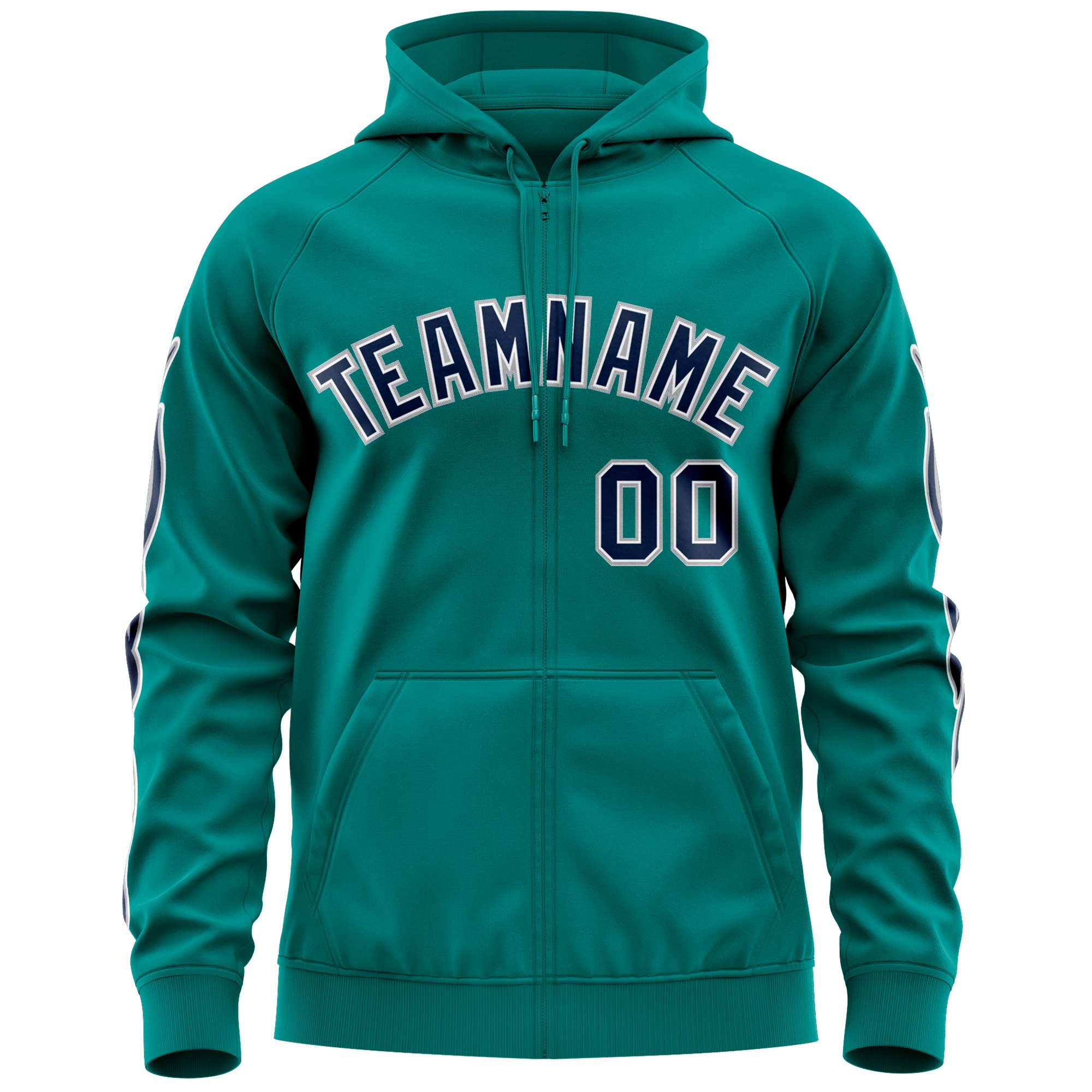 Custom Stitched Aqua Navy Sports Full-Zip Sweatshirt Hoodie with Flame