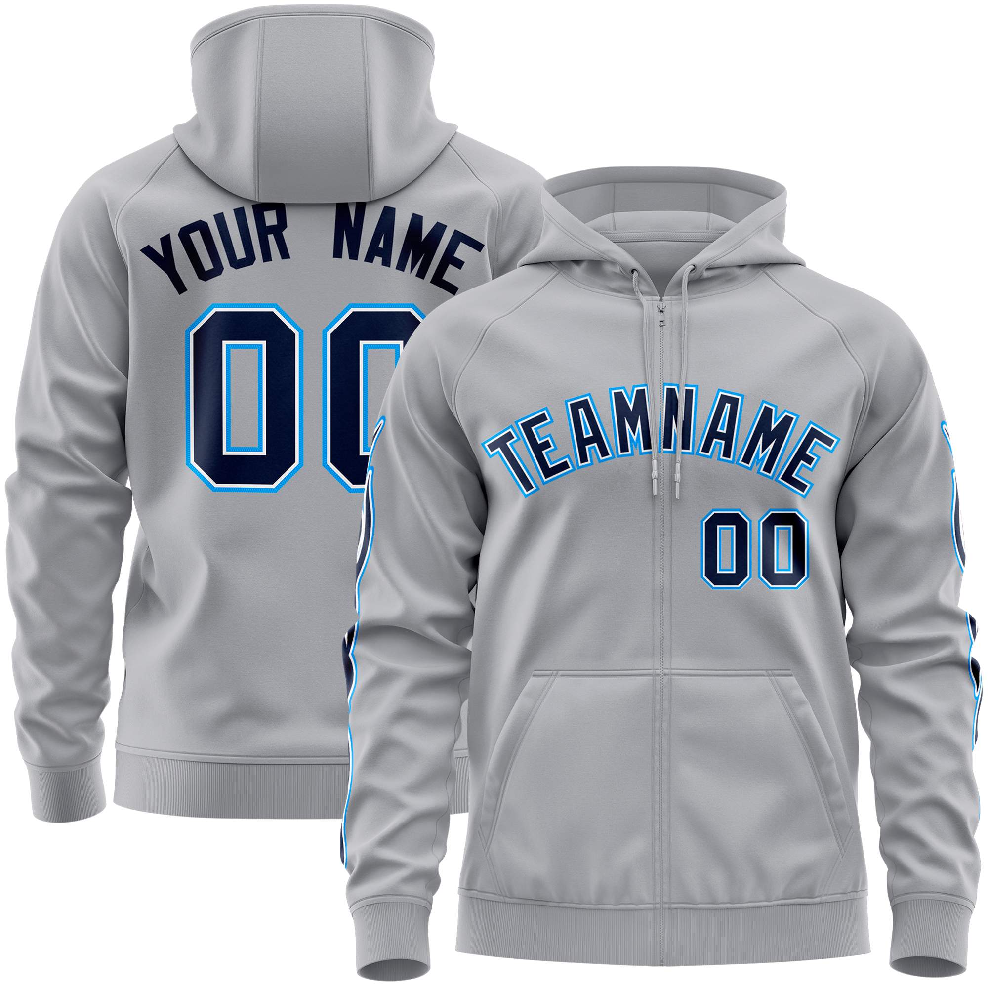 Custom Stitched Gray Navy Sports Full-Zip Sweatshirt Hoodie with Flame