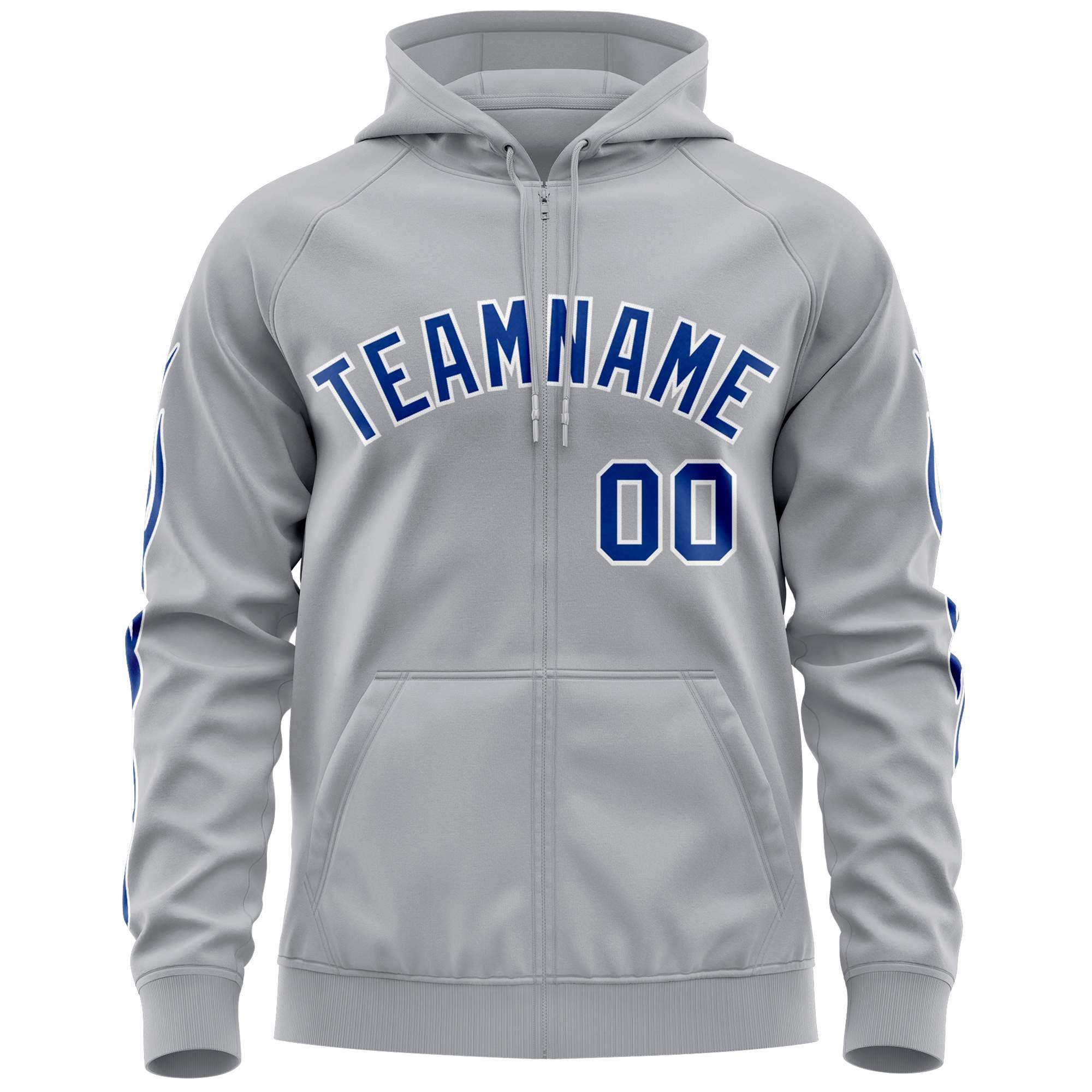 Custom Stitched Gray Royal Sports Full-Zip Sweatshirt Hoodie with Flame