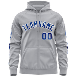 Custom Stitched Gray Royal Sports Full-Zip Sweatshirt Hoodie with Flame