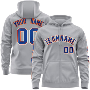 Custom Stitched Gray Royal Sports Full-Zip Sweatshirt Hoodie with Flame