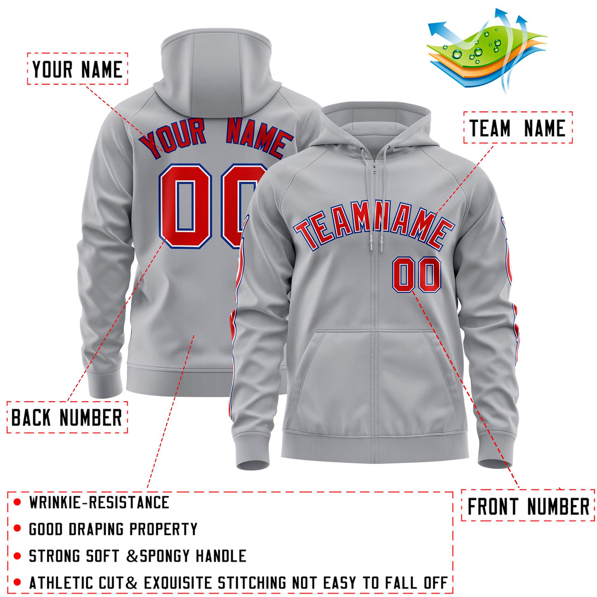 Custom Stitched Gray Red Sports Full-Zip Sweatshirt Hoodie with Flame