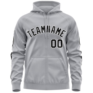 Custom Stitched Gray Black Sports Full-Zip Sweatshirt Hoodie with Flame