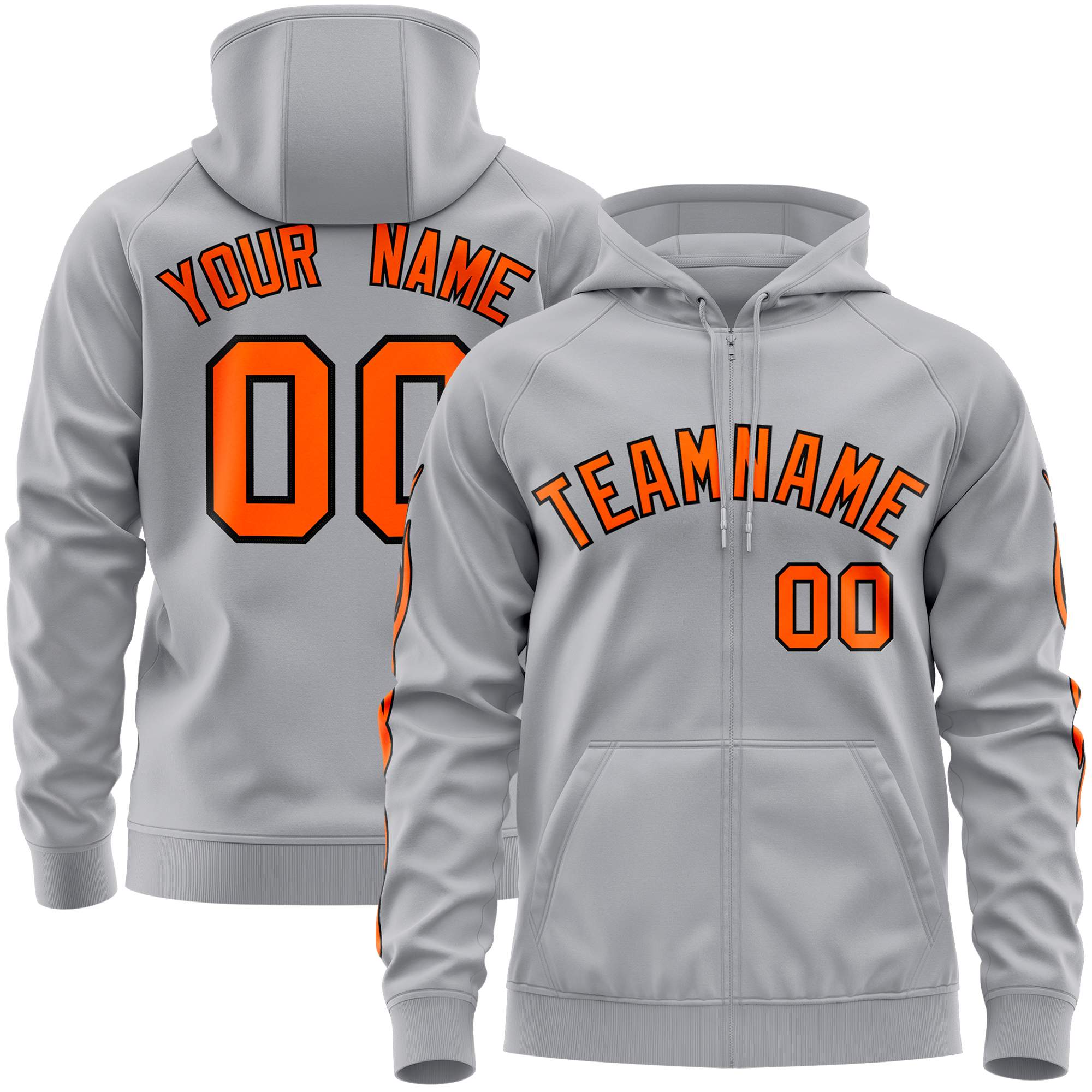 Custom Stitched Gray Orange Sports Full-Zip Sweatshirt Hoodie with Flame