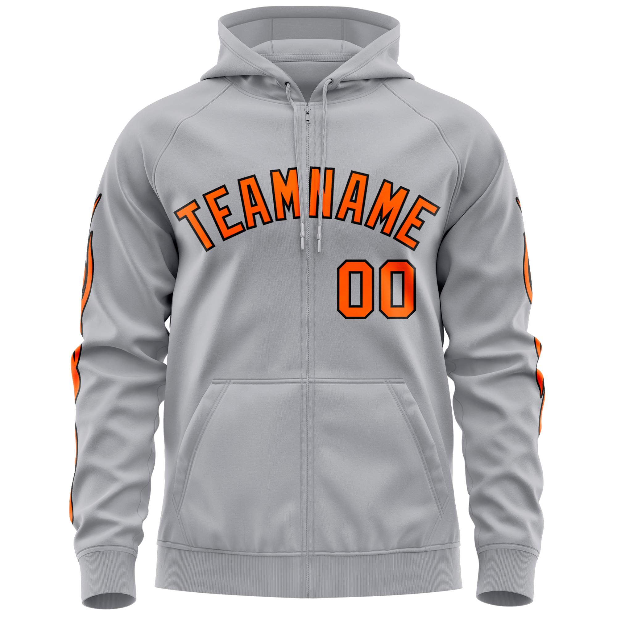 Custom Stitched Gray Orange Sports Full-Zip Sweatshirt Hoodie with Flame